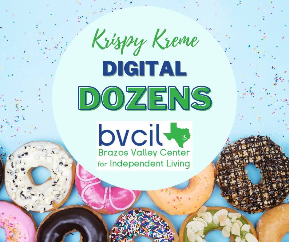 Text reads: Krispy Kreme Digital dozens above the BVCIL logo on a ble background with colorfully decorated donuts.